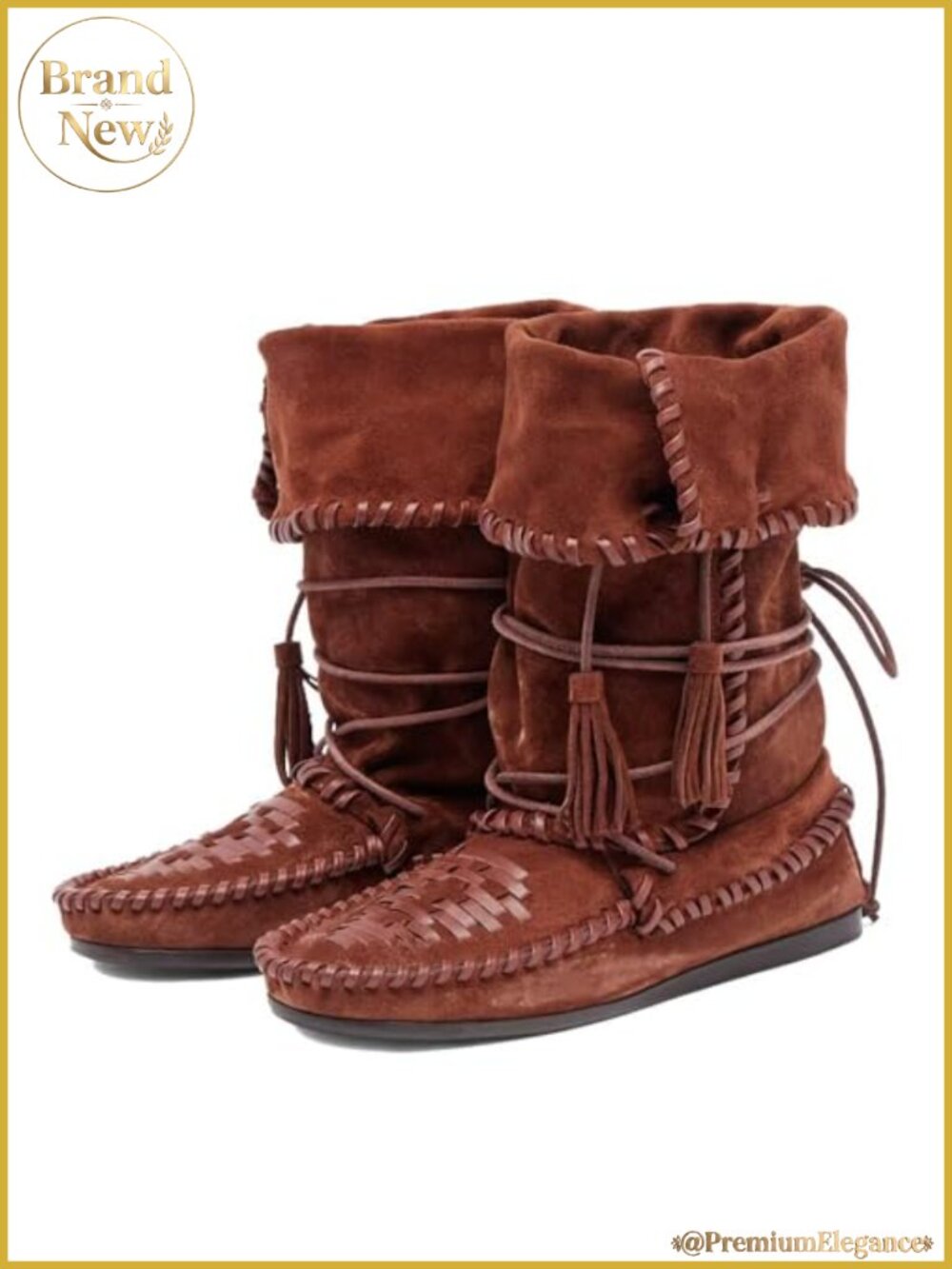 Suede Fold Over Slouchy Boots Woven Fringe Western Lace Up Flats